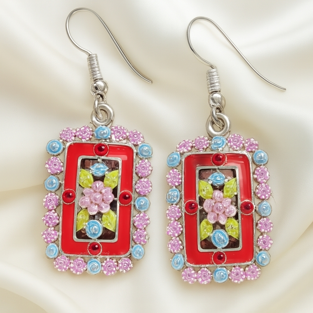 Red Crystal Floral Drop Earrings – Silver-Tone Colorful Statement Jewelry